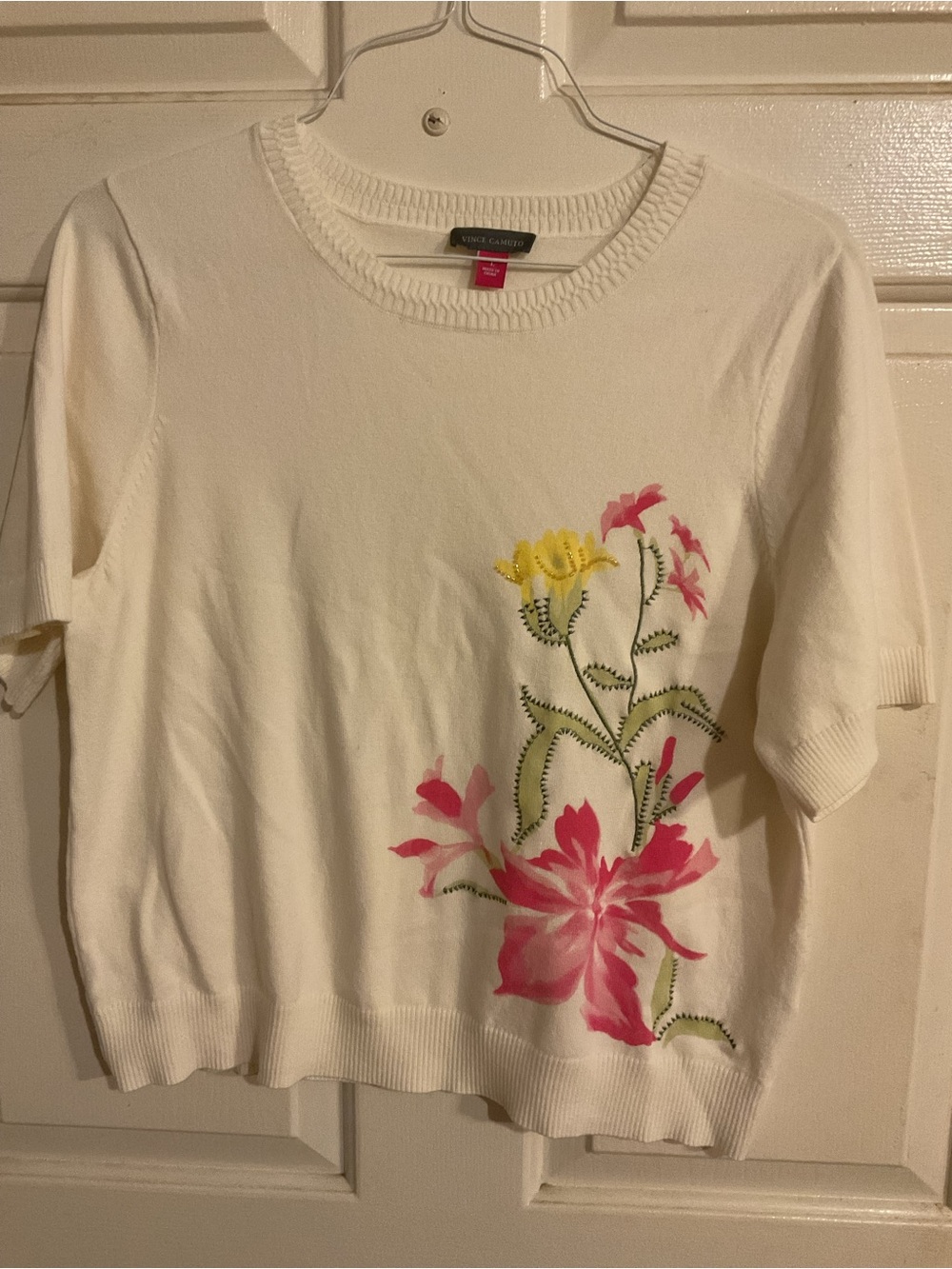 New:Vince Camuto Sz.L. White Floral Embroidered Short-Sleeve Sweater